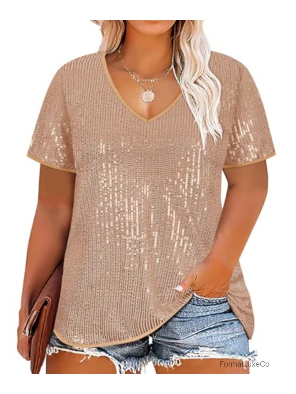 Plus Size Sequin Top V Neck Short Sleeve Party Blouse Sparkly Glitter Shirt